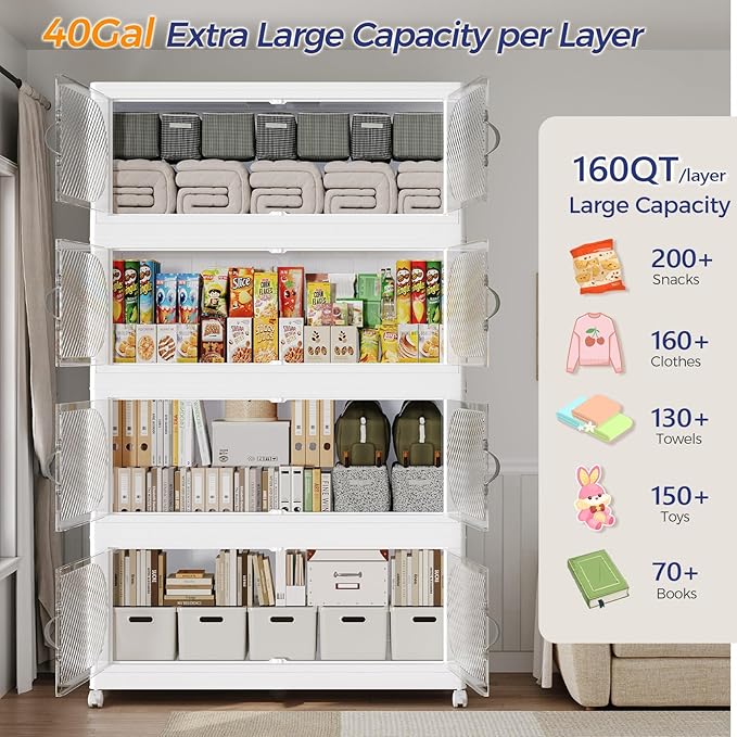 480QT Extra Large Stackable Storage Bins with Lid, 120Gal Plastic Closet Organizers and Storage Drawer, Collapsible Cabinet Box with Wheels Clear Doors for Home Kitchen Office, 3Pack White