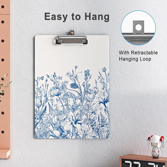Clipboard Design Decorative Wood A4 Letter Size Clip Boards for Classroom Office, Standard Size 9" x 12.5" with Low Profile Metal Clip - Blue Flower