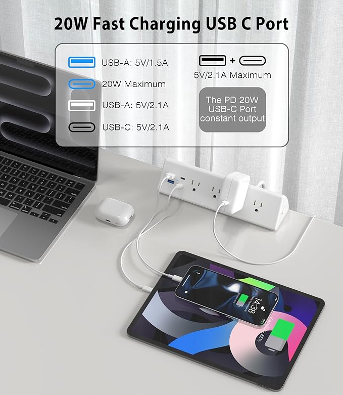 Jgstkcity Desk Clamp Power Strip,20W Fast Charging Station,Surge Protector Nightstand Edge Mount,1875W Extension Cord with Multiple Outlets,2 USB-C,2 USB-A,for Home Office (White, 6 FT)