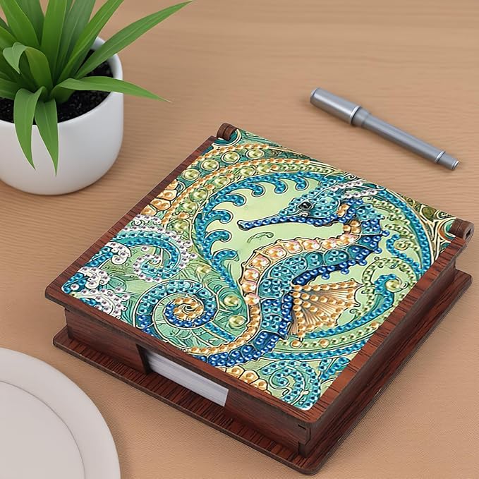Wooden DIY Seahorse Diamond Art Notecard Box – DIY Gem Art Sticky Note Holder for Adults 160 Sheets Memo Pad Storage