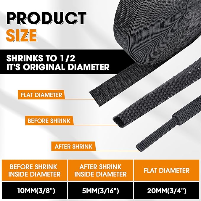 2:1 Ratio Automotive Heat Shrink Braided Sleeve, Cord Protector, Wear-Resistant Fabric Flat Woven Shrinkable Tubing Wires Hoses Protection (3/8"-15ft)