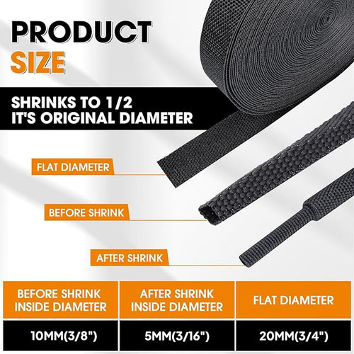 2:1 Ratio Automotive Heat Shrink Braided Sleeve, Cord Protector, Wear-Resistant Fabric Flat Woven Shrinkable Tubing Wires Hoses Protection (3/8"-15ft)