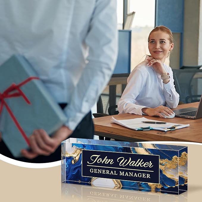 Personalized Name Plate for Desk, Custom Acrylic Desk Name Sign, Office Appreciation Gifts for Women Men Coworkers Boss Teacher Employee (Blue Coast)