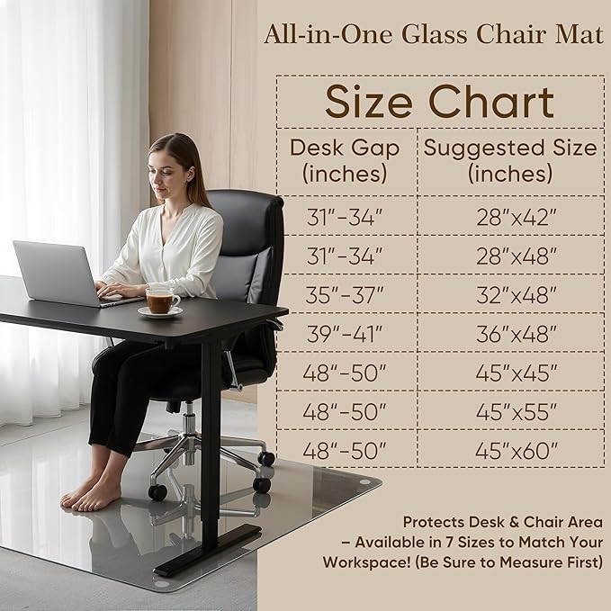 Homsion 45"x60" Tempered Glass Office Chair Mat for Carpet & Hardwood Floor, 1/5" Thick Clear Floor Protector Desk Chair Mat with Rounded and Polished Edges