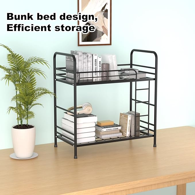 Desk Organizer Storage and Frees Up The Space of The Desk, Metal Small Bookshelf with Bunk Bed Design,Small Desk Organizer in 9x2.5x17.7 Inch