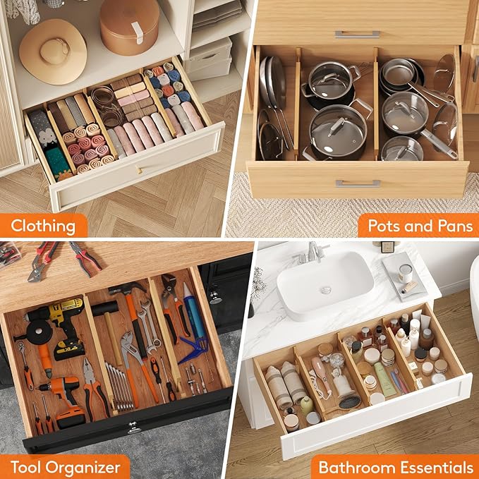 Lifewit 4 Pack 6" Deep Bamboo Drawer Dividers, 17.5-22" Expandable Drawer Organisers for Clothes, Adjustable Dresser Drawer Divider, Clothing Drawers Separators for Dresser, Bedroom, Bathroom, Office