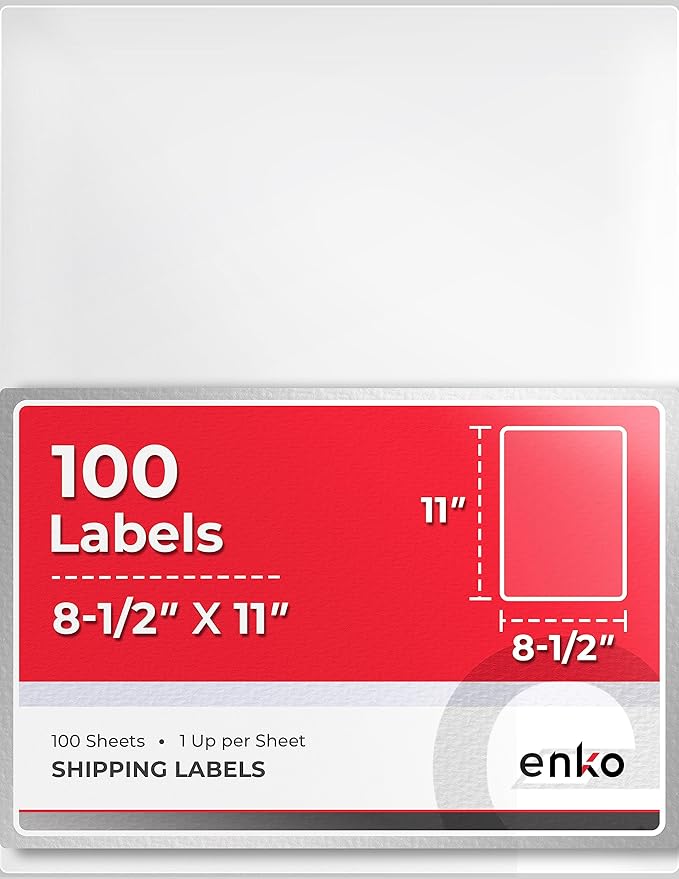 enKo 8-1/2 x 11 Inch Label - White Blank - 1 Per Sheet Full Shipping Address Labels for Laser Inkjet Printer (100 Sheets, 100 Labels)