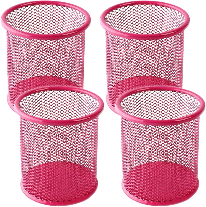 Ameceres 4 Packs Wire Mesh Pencil Holder Metal Pen Cup Desk Pen Organizer Case Pencil Jar Black for Office Home (DeepPink)