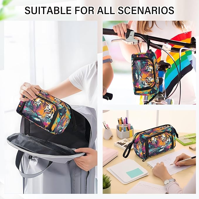 Tigers Colorful Pencil Case Pouch Big Capacity Pencil Bag Box Organizer Pen Case with Handle Stationery Organizer for Girls Boys Adults Women School Office