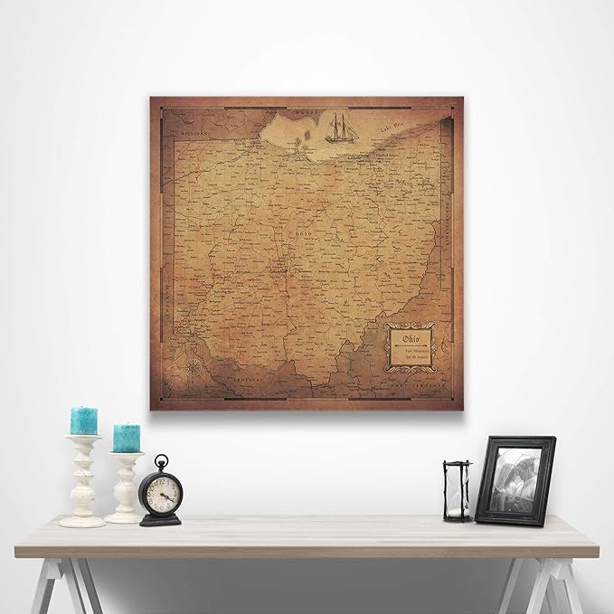 Push Pin Ohio Map Board - With Push Pins to Mark Ohio Travel - Handmade in Ohio, USA - Design: Golden Aged