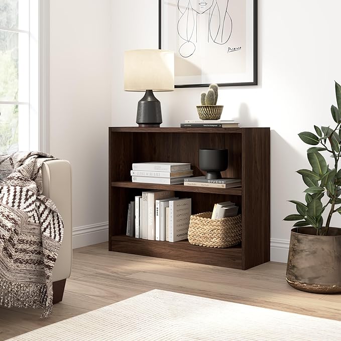 Bush Furniture Universal Small 2 Shelf Bookcase in Black Walnut, Low Storage and Display Bookshelf for Home Office or Living Room Organization