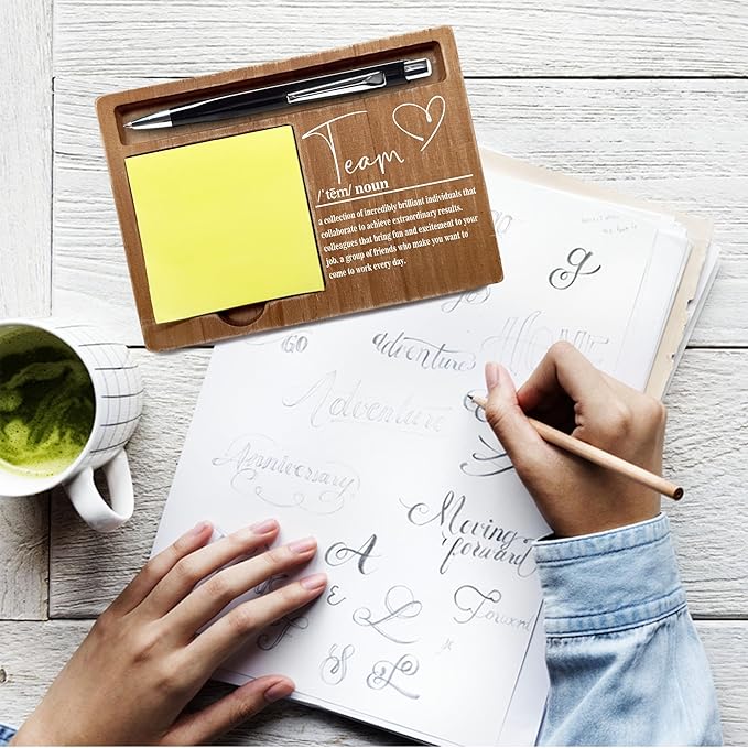 Wooden Desk Note Pen Holder, Inspirational Quotes Office Desk Decor Gift, Sticky Pen-holder for Office Home, Thank You Teachers Day Gifts for Colleague Family Friends-A05