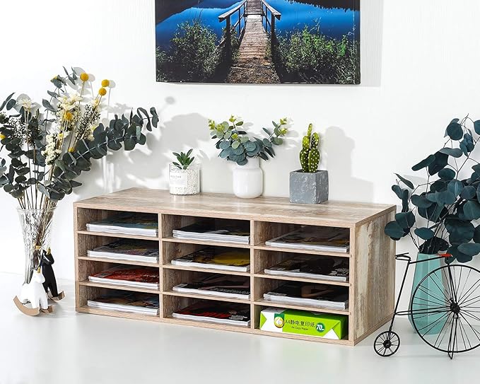 PAG Mail Sorter Wood Countertop Literature Organizer, Student Mailbox for Classroom, Desktop Bill Paper Holder Rack for Office Home School, 12 Compartments, Retro White