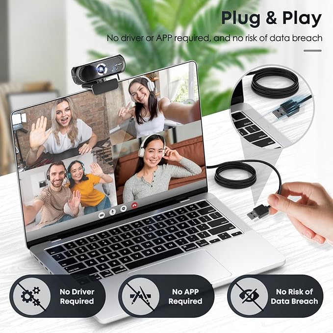 Shcngqio 1080P Webcam with Microphone, Noise Cancellation, Privacy Cover, Wide-Angle Lens, Auto Light Correction, Plug & Play USB Webcam for Laptop, Desktop, PC, Mac, Zoom, Skype, Streaming