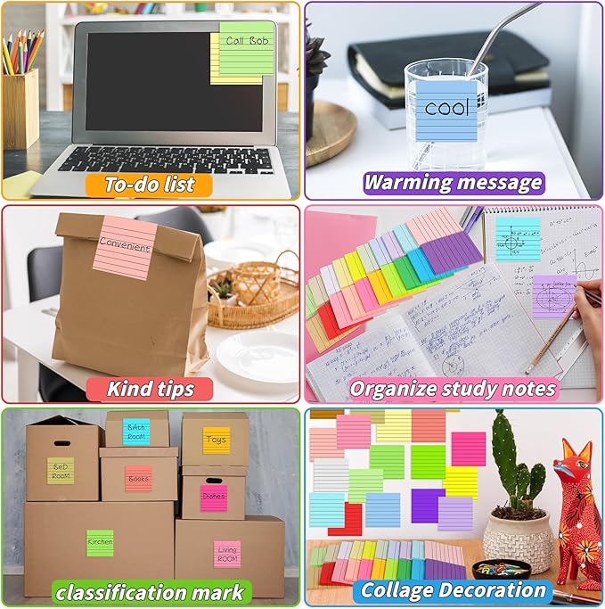100 Pack Lined Sticky Notes Bulk 3 x 3 In Self-Stick Note Pads Colorful Posted Note in 20 Colors Adhesive Paper Memo 50Sheets/Pad Easy to Post for Office Home School Meetings Notebook Wall Door Window