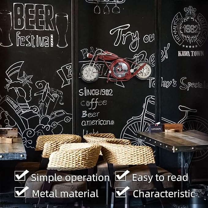 YOUKI Metal Motorcycle Wall Clock,Desk Shelf Clocks Digital Clock for Bedroom,Retro Vintage Non-Ticking Table Clock Battery Operated Silent,Easy to Read,Wall Art16.9 * 1.5 * 7.5 Inches,Red