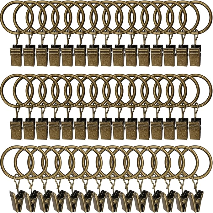 LLPJS 44 Pack Curtain Rings with Clips, Curtain Clip Rings Hooks, Bow Hanger Clips for Hanging Drapery Drapes Bows, Ring 1 inch Interior Diameter, Fits up to 5/8" Rod, Bronze