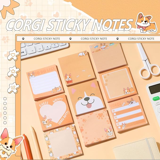 9 Pads Corgi Sticky Notes 3x3 Inch Cute Self Stick Notepads Notes Adhesive Memo Pad Office Decor Gifts for Students School Teacher Meeting Office Supplies