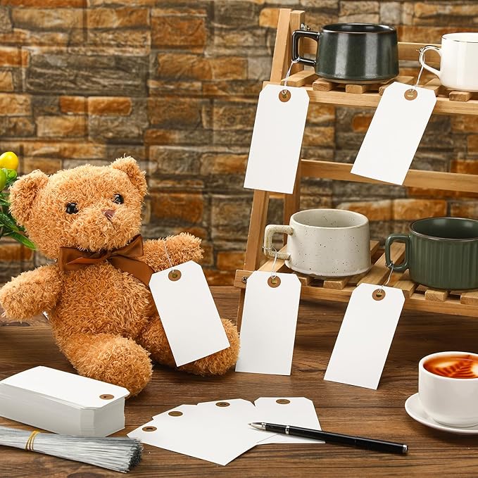 1000 Pcs Blank Manila Shipping Tags with Wire 4 3/4" x 2 3/8" Paper Hang Luggage Price Asset Gift Label Key Tags (White)