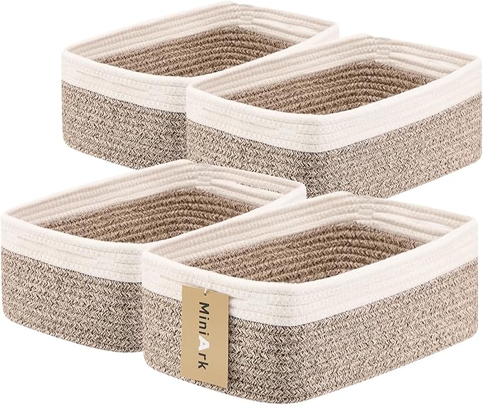 Small Storage Baskets for Organizing | Closet Organizer Bins | Shelf Toy Basket | Woven Rope Baskets | Cube Decorative Box | Shallow Basket | 13x8.5x5.1” | 4 Packs White Brown