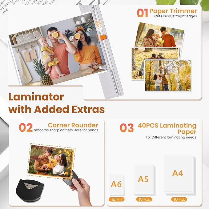 VUSIGN Laminator Machine, 9 Inch Laminators with 40 Laminating Sheets, 2 Roller System Thermal Laminator with Paper Trimmer & Corner Rounder, Laminator Kit for Home Office School and Class, White