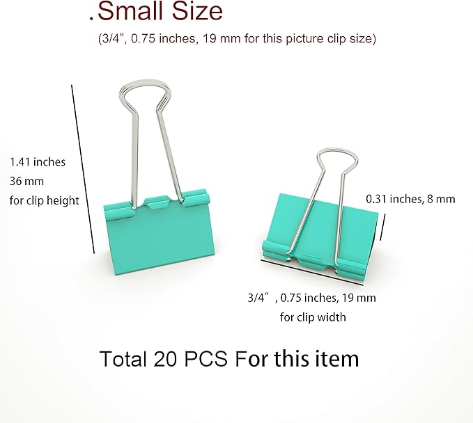 Nctinystore Binder Clips Small Metal Clamp 0.75 inch / 19 mm ?Light-Green, 20-PCS)