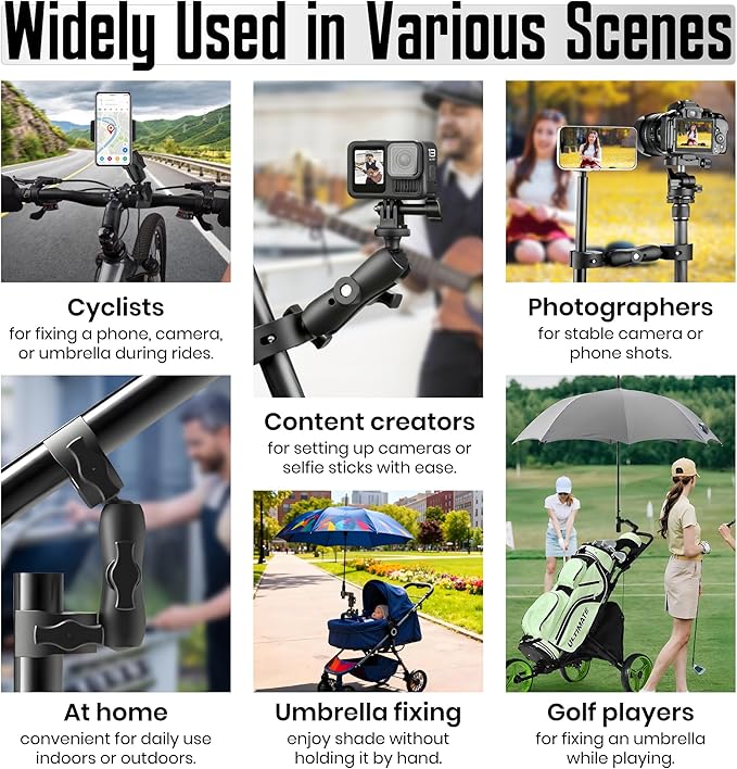 Premium 3-in-1 Umbrella Clamp for Chairs, Strollers, Boats & Kayaks Adjustable Mounting Bracket for Umbrella, Camera & Phone Durable Anti Slip Trolling Motor Stabilizer for Outdoor Hands Free Use