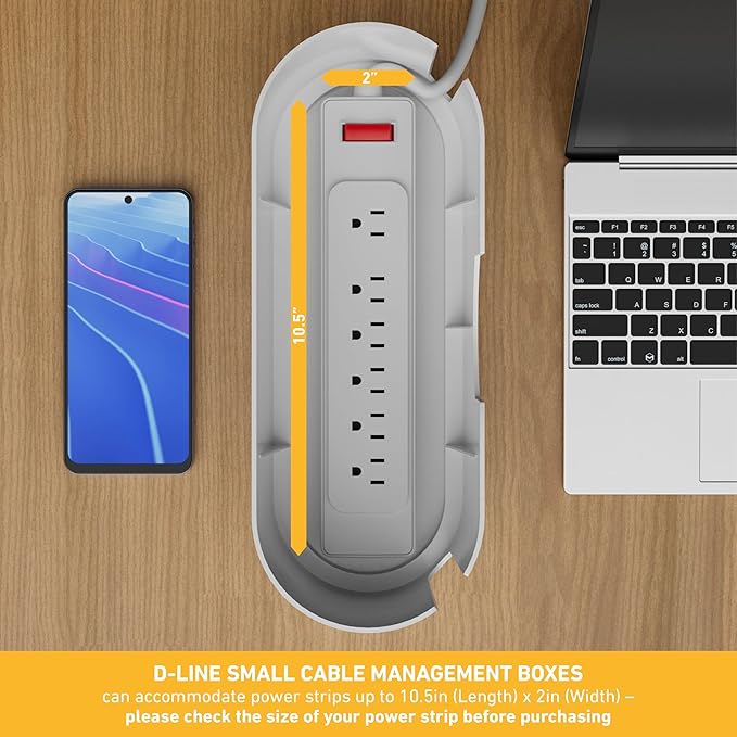 D-Line Cable Management Box, Power Strip Holder, Floor Outlet Hider, Desk Cord Organizer, Cover TV Wires, 12.75" (L) x 5" (W) x 4.5" (H), for use with Power Strips up to 10.5in Length - Small, White