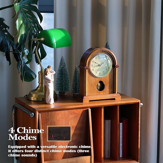 AYRELY® Grandfather Mantel Clock with Hour/Quarter-Hour Chime,Elegant Wooden Frame,Gold-Tone Pendulum Table Clocks Battery Operated,Desk Shelf Vintage Clock for Living Room,Home Decor Gift