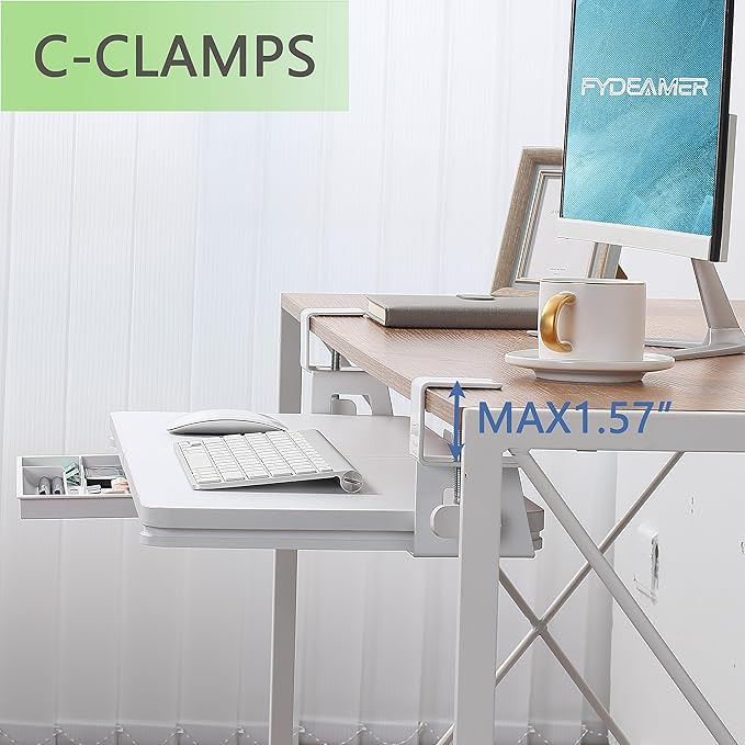 ETHU Keyboard Tray Under Desk, 26.77" X 11.81" Large Size Keyboard Tray with C Clamp-on Mount Easy to Install, Computer Keyboard Stand, Ergonomic Keyboard Tray for Home and Office(White)