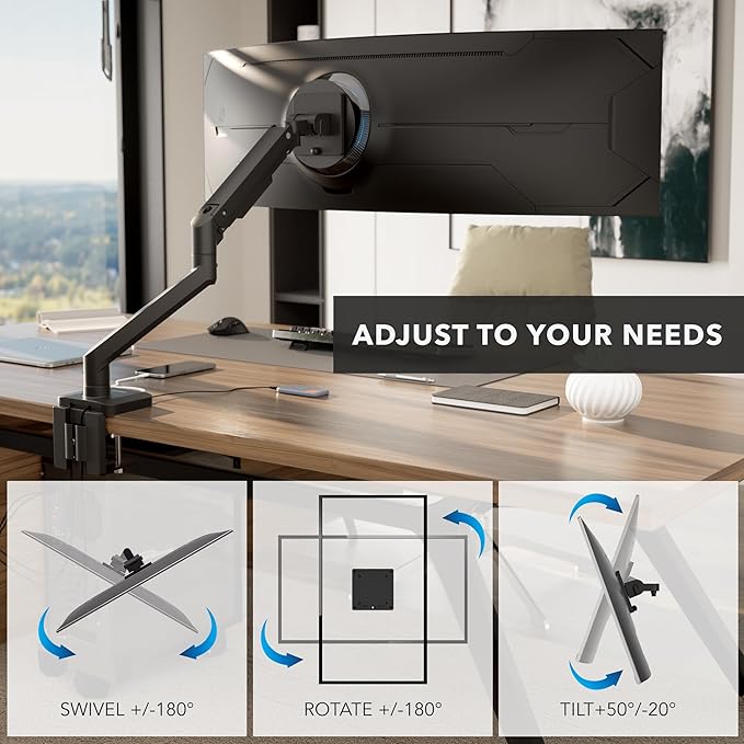 Mount-It! Proflex Series Heavy-Duty Monitor Desk Mount, Fits 17–49” Ultrawide Screens, Full Motion Gas Spring Arm, 44 lbs Capacity, USB-C & USB 3.0 Ports, VESA 75/100, Clamp or Grommet Base