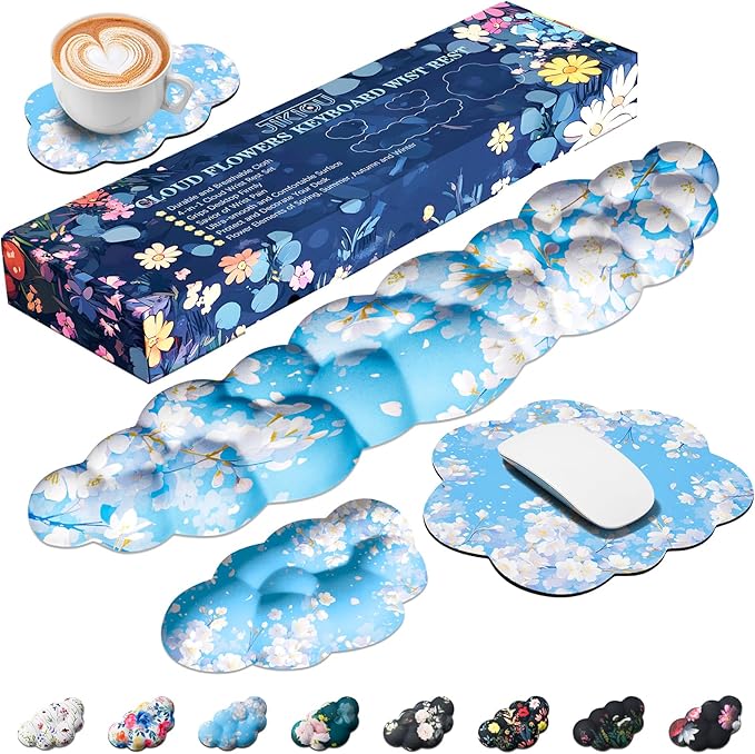 JIKIOU Cloud Wrist Rest Keyboard, Cloud Keyboard Wrist Pad Set with Comfortable Cloth, Cute Arm Rest for Palm Support, PC/Gaming Desk Accessories/Office Setup/Computer Hand Cushion Sakura