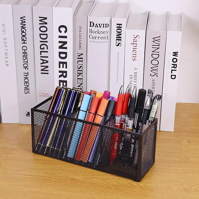Black Mesh Pen Pencil Holder, Small Metal Desk Organizer Desktop Stationery Office Supplies Acessories Storage Stand, 3 Compartments Brushes Holder for Home School Classroom Teachers