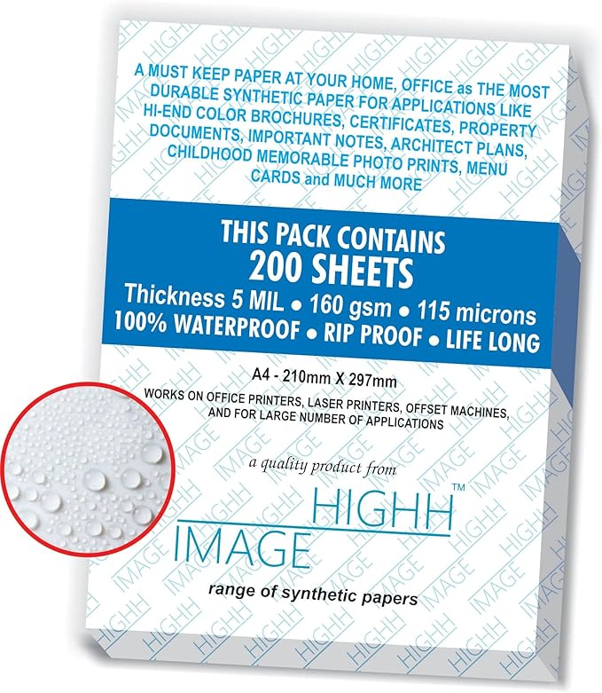 WATERPROOF PAPER | 200 SHEETS NON-TEAR Paper for LASER PRINTERS 5 MIL 110 LB, SYNTHETIC DOUBLE SIDED PAPER, 8.5X11 from HIGHH IMAGE