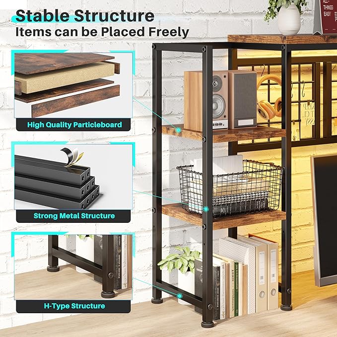 REIBII Desk Shelf with LED Light Strip,Adjustable 45.1" Desk Hutch Dorm with 5 Tier Display Shelf Rack,Desktop Bookshelf with Grid Panel & Hooks for Home, Office and Dorm, Rustic Brown