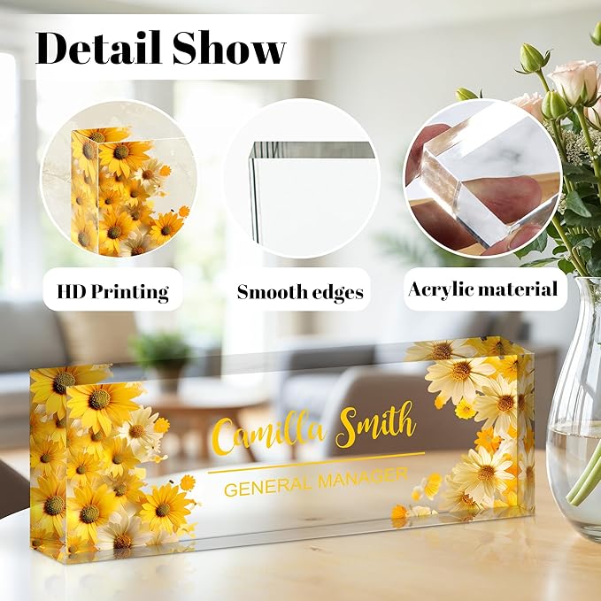 Personalized Name Plate for Desk, Custom Acrylic Desk Name Sign, Office Appreciation Gifts for Women Men Coworkers Boss Teacher Employee (Flower-Sunflower)