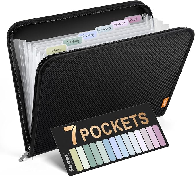 Sooez 7 Pockets Accordion File Organizer, Zipper Expanding File Folder, Heavy Duty Folder Organizer, Sleek Letter Size Accordion Folder, Portable Expandable File Folder, 14 x 11.2 Inch, Black