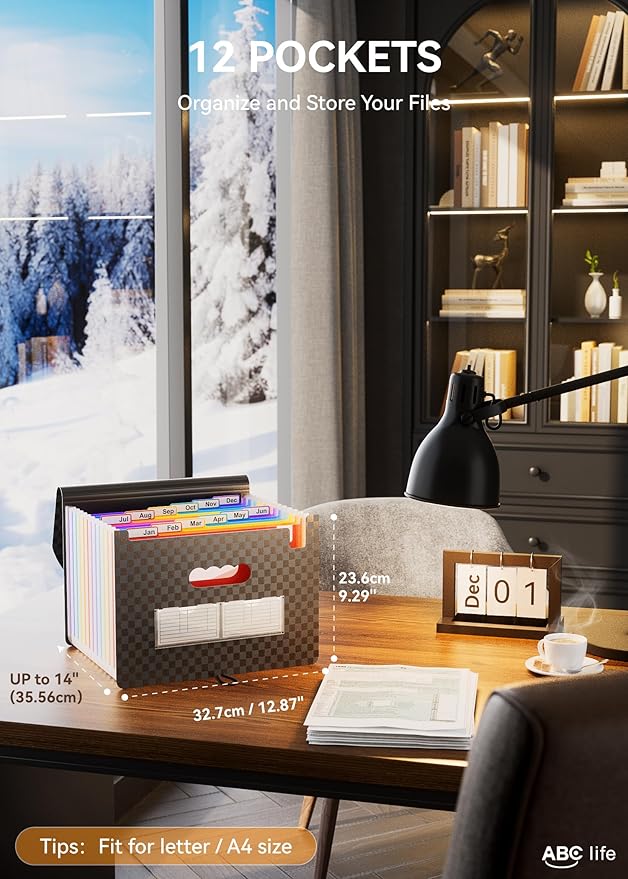 ABC life Accordion File Organizer 12 Pockets,Expanding File Folder/Portable A4 Letter Size Filling Box, Expandable Desktop Accordian Folder, Plastic Paper Document Coupon Organiser with Colored Labels