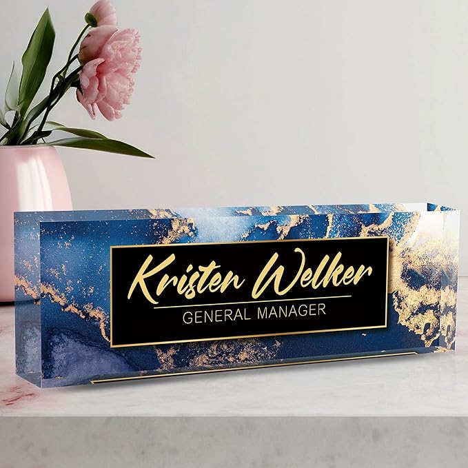 Personalized Custom Name Plate, Office Desk Decor for Women and Men, Employee Appreciation Gifts - Blue Marble