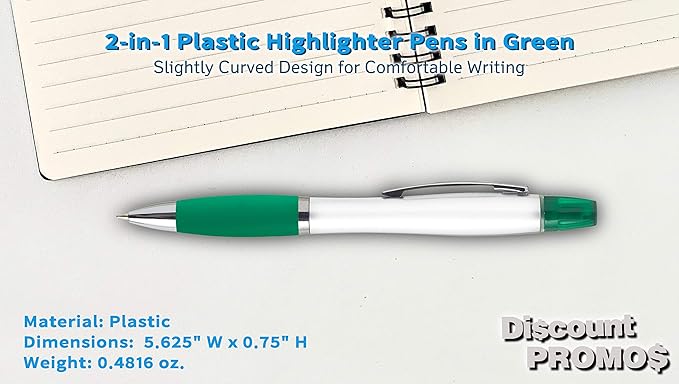 DISCOUNT PROMOS 10 Plastic Highlighter Pens Pack - Rubber Grip, Black Ink - Green