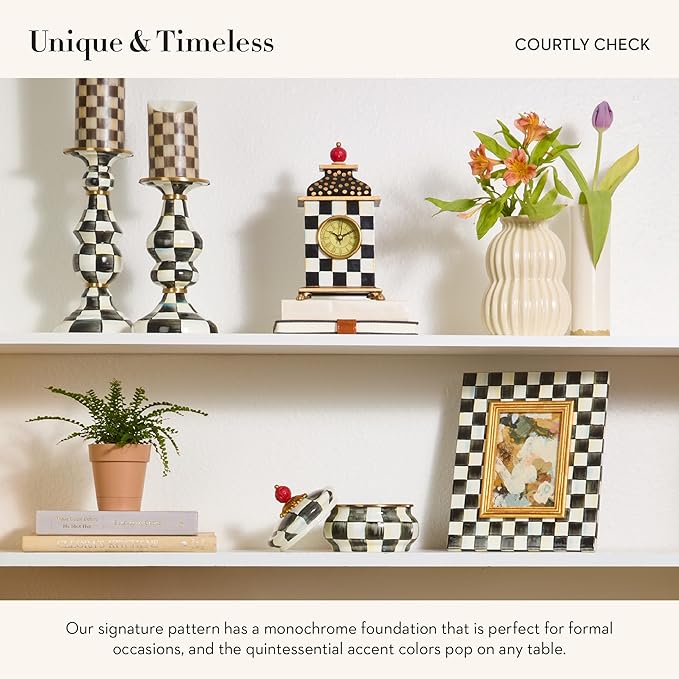 MACKENZIE-CHILDS Desk Clock, Decorative Wood Clock for Kitchen and Living Room, Black-and-White Courtly Check