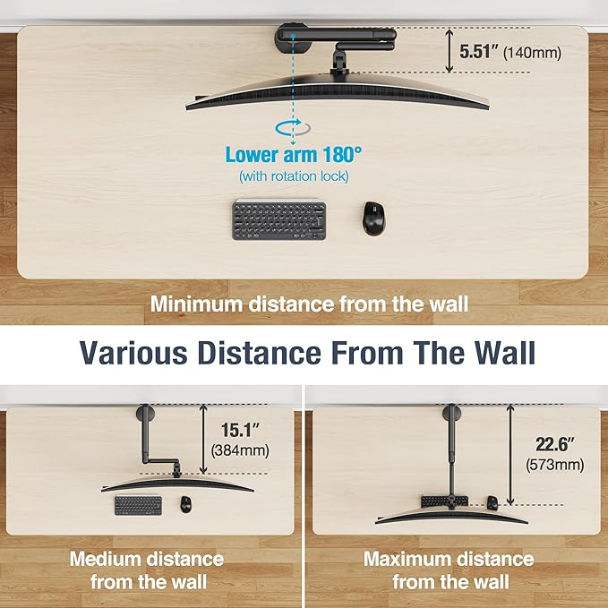 AVLT Single 17"-40" Ultrawide 3-Segment Easel Monitor Arm for Screens Up to 24.3 lbs, Aluminum Designer Stand, Adjustable Pneumatic Height, Full Motion Swivel Tilt Rotation, USB-C USB-A Ports, Black