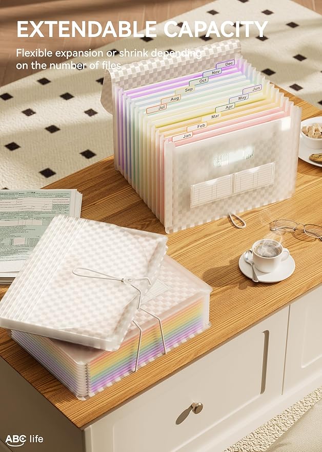 ABC life 12 Pockets Accordion File Organizer Expanding File Folders, Portable Monthly Bill Receipt Document Organiser, Expandable Accordian Filing Folder Letter A4 Size, Colored Tabs (Pink)