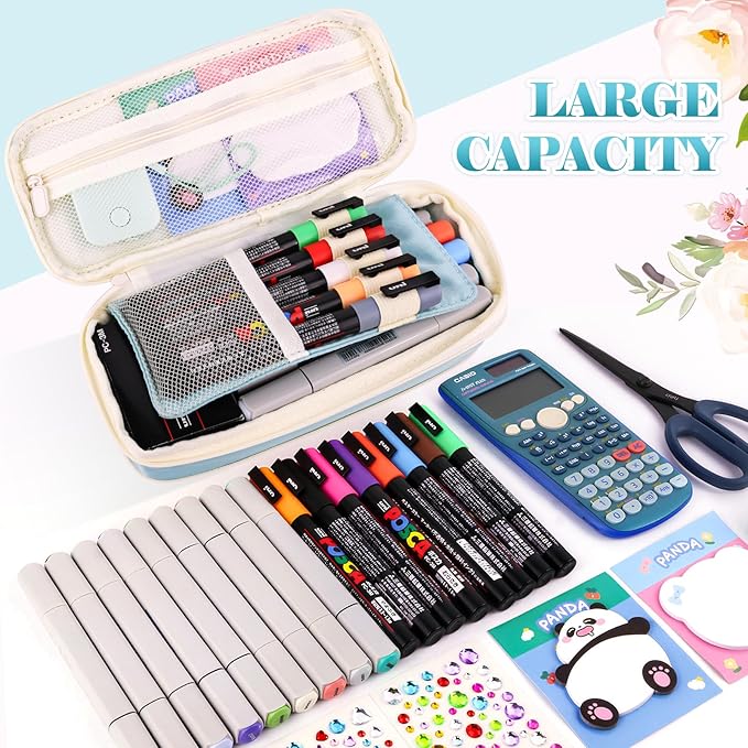 Preppy Pencil Case for Girls, Cute Large Pencil Pouch, Personalized Initial Pencil Bag with Zipper for School College Office Supplies, Back to School Supplies Gifts for Teen Girls (B, Blue)