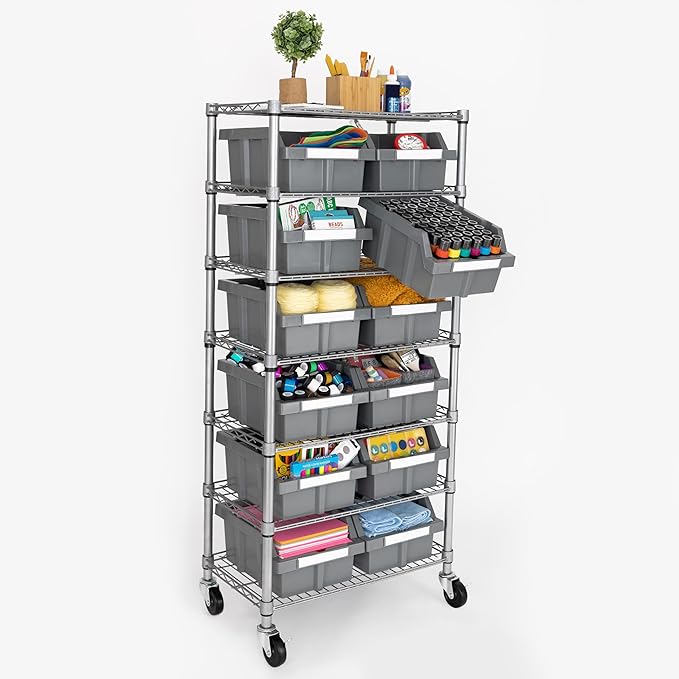 Seville Classics Heavy Duty NSF Bin Rack Solid Steel Wire Shelving Storage Unit, Patented Organizer for Garage, Warehouse, Office, Restaurant, Classroom, Kitchen, Gray, Includes 12 Bins