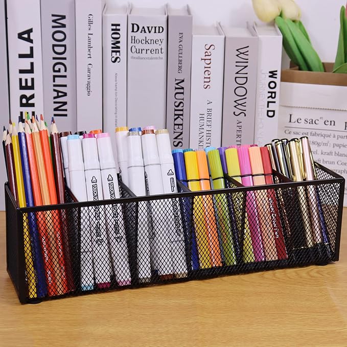 2PCS Black Mesh Pen Pencil Holder, Small Metal Desk Organizer Desktop Stationery Office Supplies Acessories Storage Stand, 6 Compartments Brushes Holder for Home School Classroom Teachers
