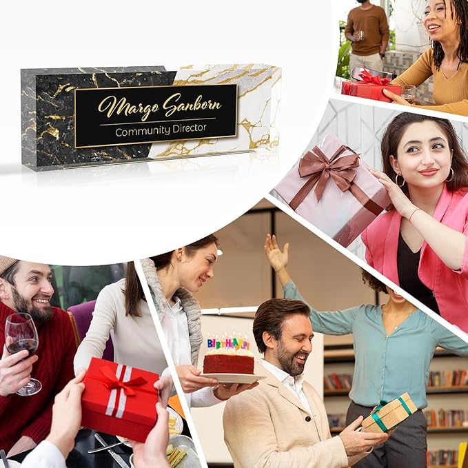 Personalized Name Plate for Desk Custom Acrylic Desk Name Plate Custom Employee Appreciation Gifts Office Gifts for Women, Men, Boss, Coworkers, Teacher, Nurse (A-Black & White Marble)