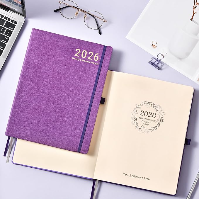 2026 Planner - JAN 2026 - DEC 2026, Planner 2026, Weekly and Monthly planner, 8.5" x 11", Leather Cover Planners with Thick Paper, Back Pocket with Notes Pages, Purple