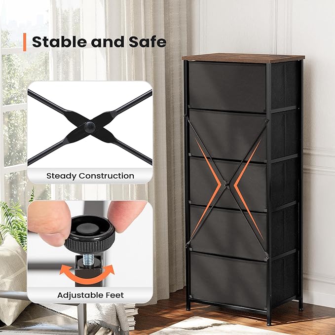 Crestlive Products Vertical Dresser Storage Tower - Sturdy Steel Frame, Wood Top, Easy Pull Fabric Bins - Organizer Unit for Bedroom, Hallway, Entryway, Closets - 5 Drawers(Rustic Brown)