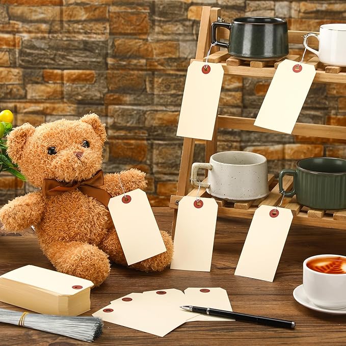 1000 Pcs Blank Manila Shipping Tags with Wire 2 3/4" x 1 3/8" Paper Hang Luggage Price Asset Gift Label Key Tags (Yellow)